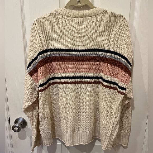 American Eagle Knit Sweater Ivory  w/ Pink Brown Gray Stripe Boxy SOFT  Womens L - Picture 2 of 4